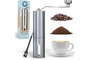 Deuxlemarr Manual Coffee Grinder, 304 Grade Stainless Steel, Adjustable Coarseness, Handheld Ceramic Burr, Portable Coffee Bean Grinders for Travel, French Press, Aeropress, Cold Drip - with Brush