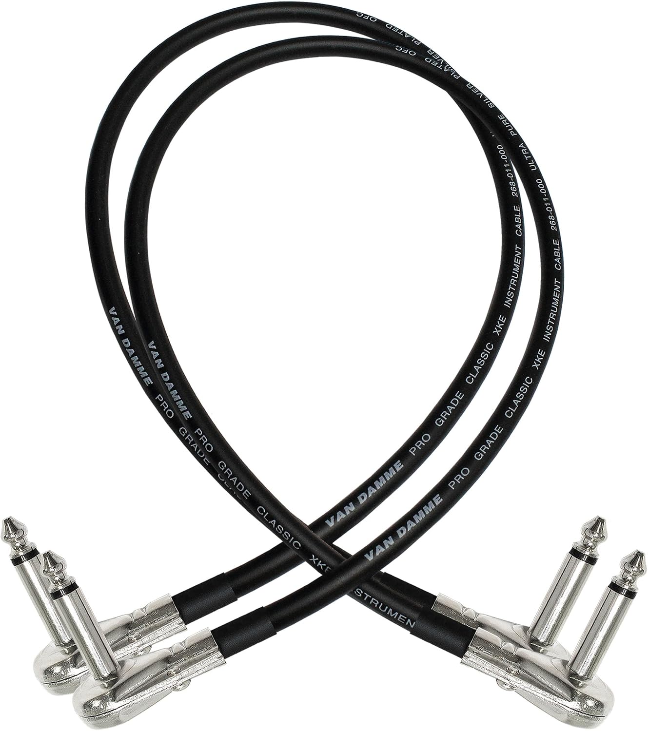 2 Units - Van Damme Pro Grade Classic XKE - 60 cm – Ultra-Flexible Multi-Shielded Guitar Bass Effects Instrument, Pedal Stomp Patch Cable - w/Low-Profile, R/Angled Pancake (6.35mm) TS Connectors