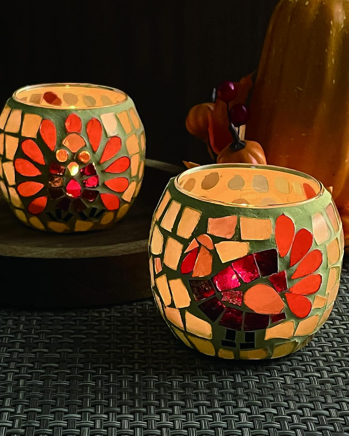 Candles & Holders - SHMILMH Thanksgiving Votive Candle Holder Set of 4, Mosaic Glass Tealight Holders with Turkey for Fall Table Centerpiece Fireplace Party Decorations