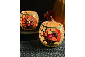 SHMILMH Thanksgiving Votive Candle Holder Set of 4, Mosaic Glass Tealight Holders with Turkey for Fall Table Centerpiece Fireplace Party Decorations