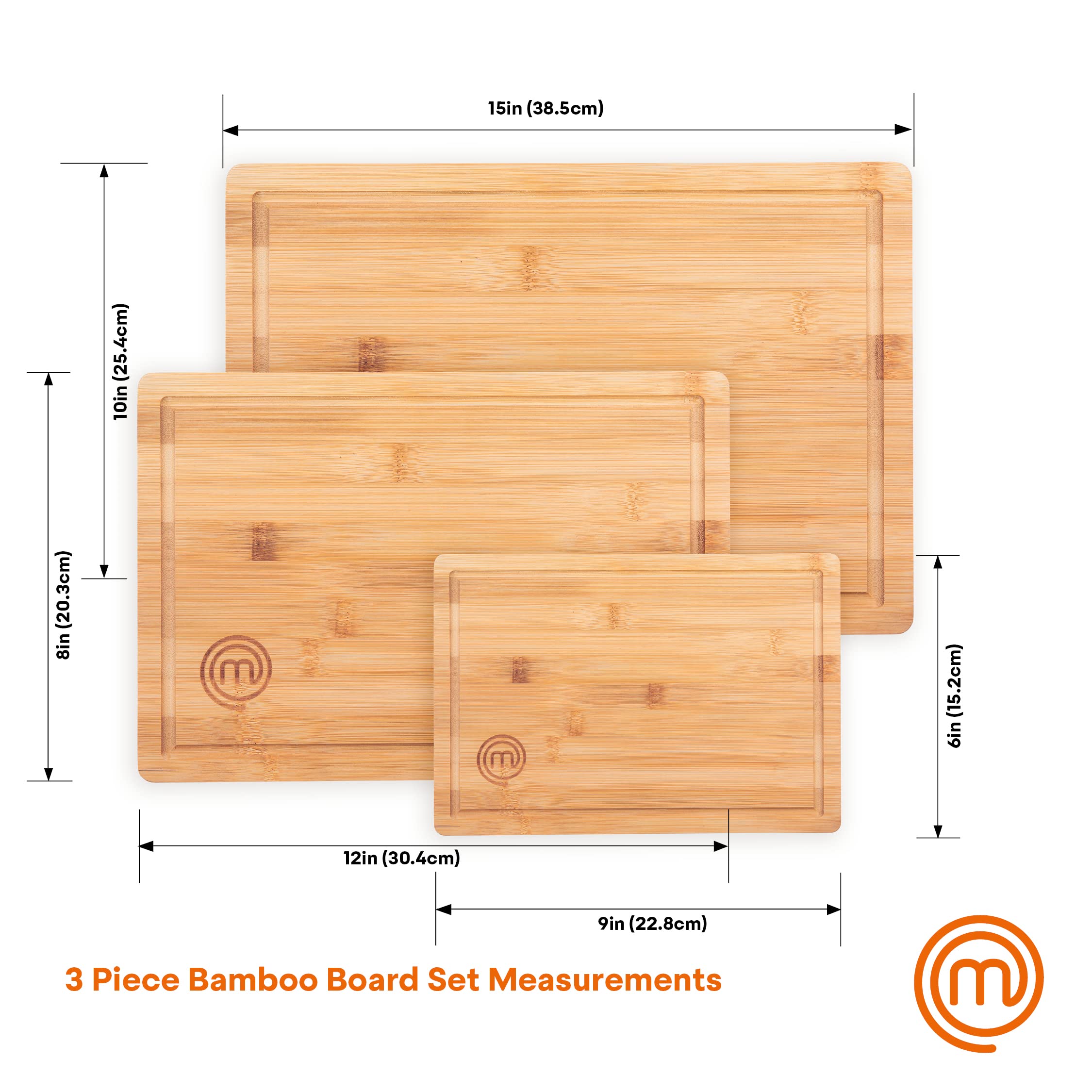 MasterChef Bamboo Cutting Boards for Kitchen, Wooden Cutting Board Set of 3, Natural, Organic & Food Safe Surface, Reversible Large, Medium & Small Wooden Chopping Boards with Juice Grooves