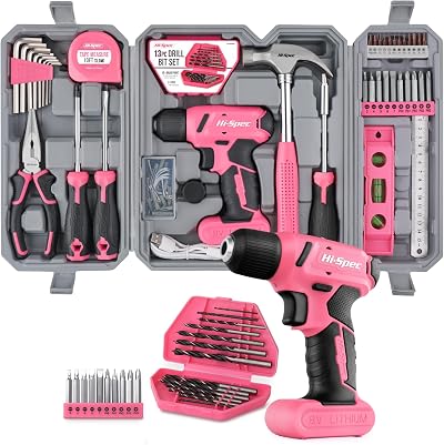 Hi-Spec 57pc Pink Tool Kit with Drill 8V USB Cordless Screwdriver Bits