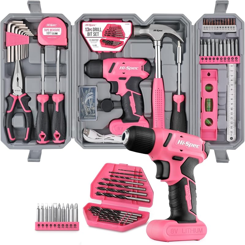 Hi-Spec 57pc Pink Tool Kit with Drill 8V USB Cordless Screwdriver Bits