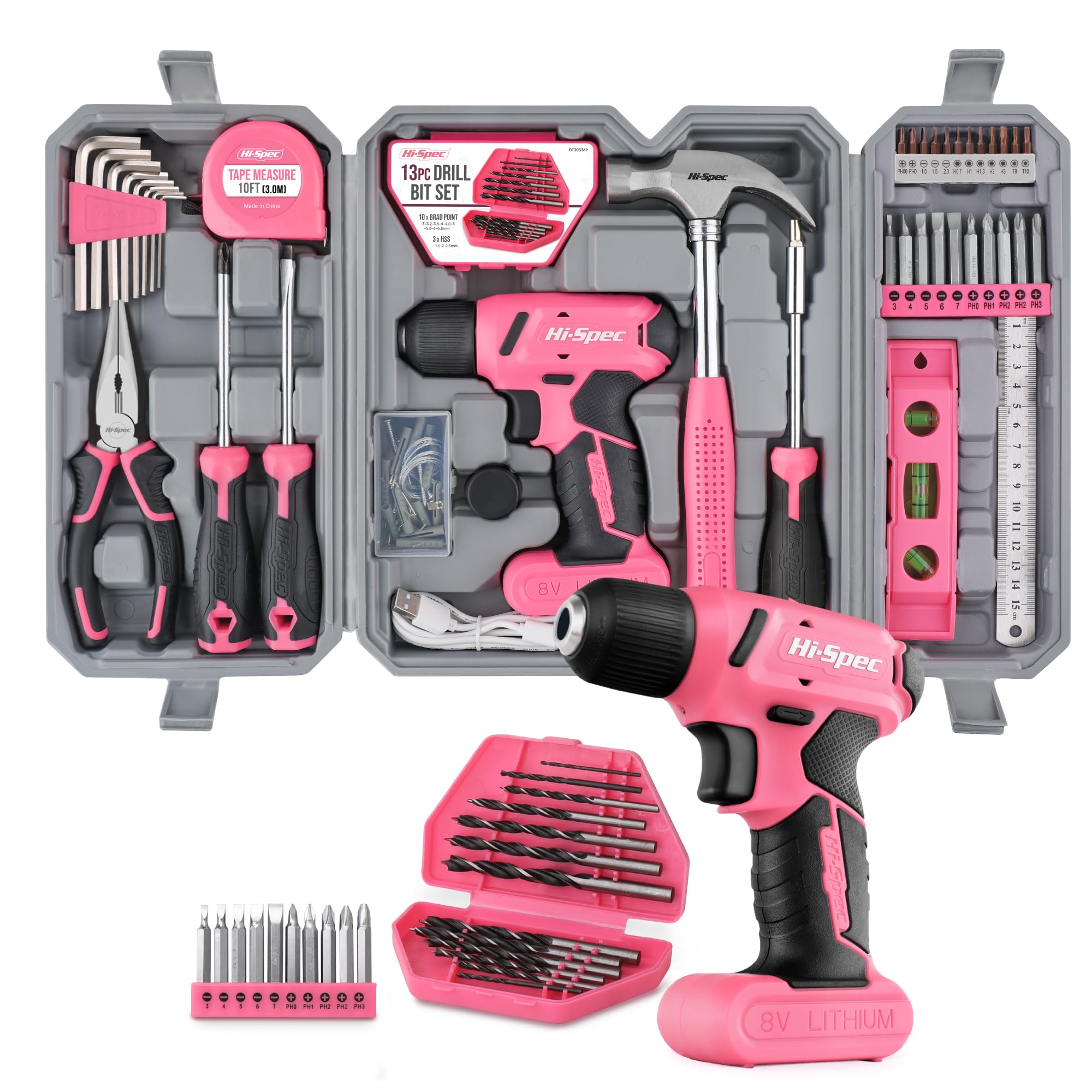 Hi-Spec 57pc Pink Tool Kit with Drill – Womens Tool Box Set with 8V USB Cordless Electric Screwdriver & Drill Bits. Ladies Tools for Home DIY Repair, Office Maintenance & Everyday Use