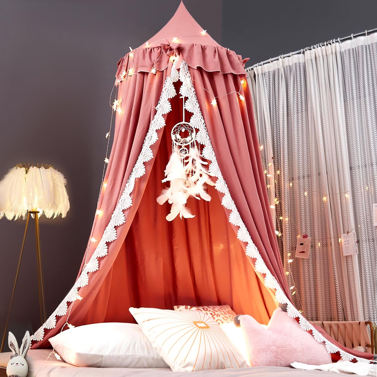 Photo 1 of Kertnic Bed Canopy for Girls, Ruffled Soft Pink Princess Canopy Dreamy Bow Decor, Bed Canopies for Kids Room, Hanging Canopy Bedding Drapes Toddler Reading Nook Play Tent (Red Bean)