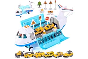 iHaHa Spray Airplane Toys for Boys Girls, Large Transport Cargo Airplane with 6 Construction Vehicle 10 Road Signs 1 Play Mat, Plane Toy with Lights Sounds for Boys Age 3 4 5 6