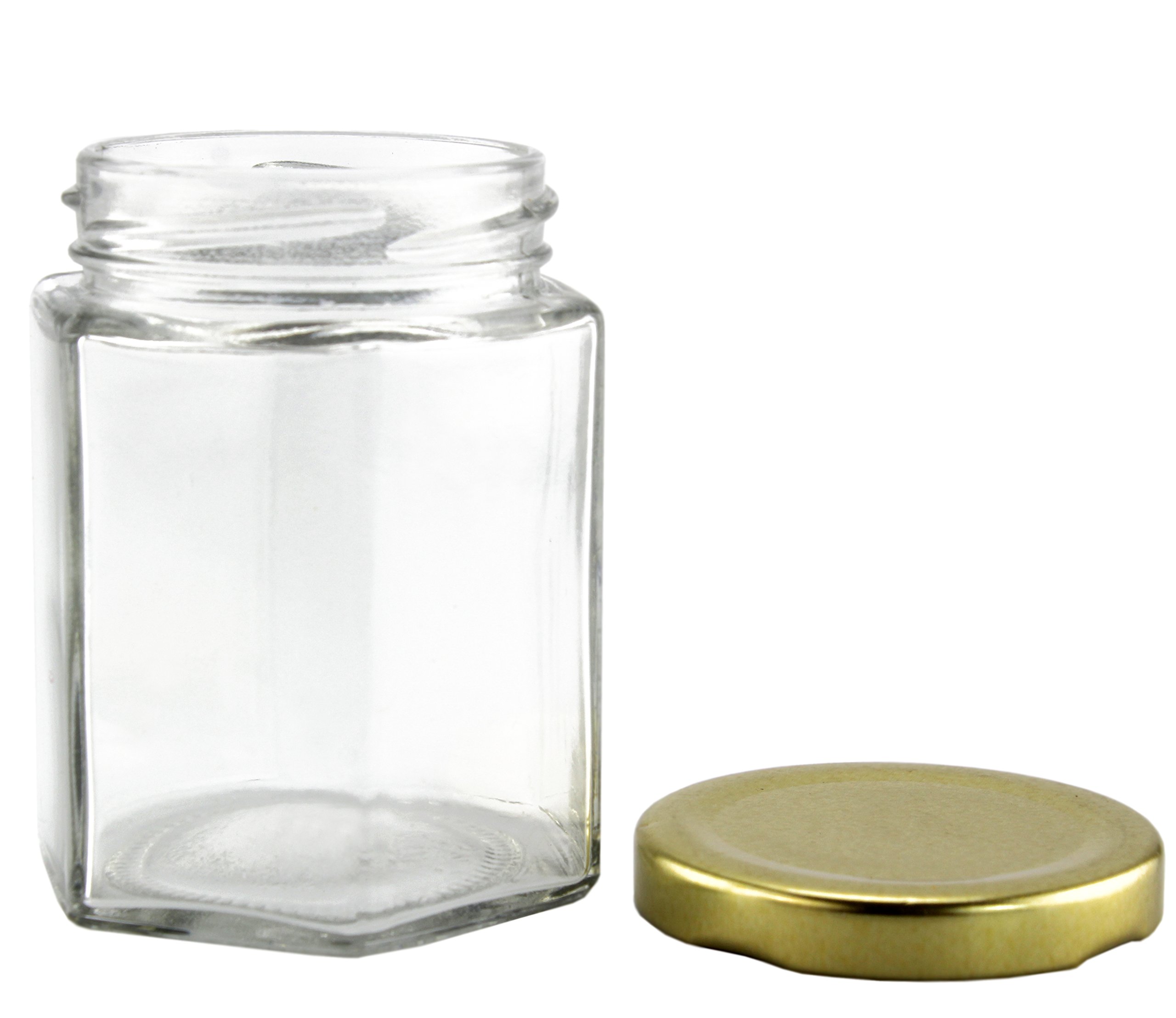 6Ounce Hexagon Glass Jars (12Pack); Empty Hex Jars w/Gold Lids for