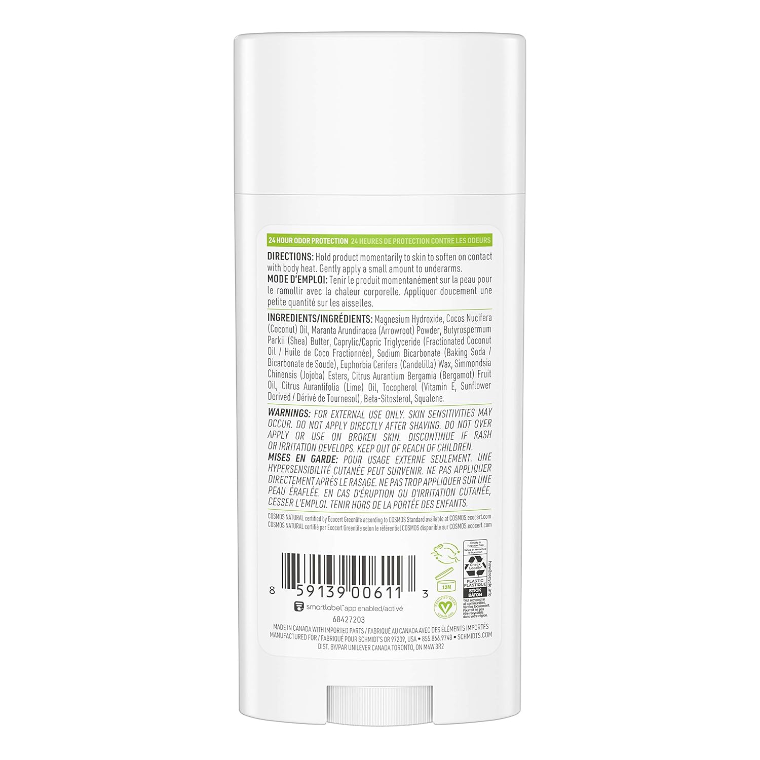 Schmidt's Aluminum Free Natural Deodorant For 24 Hour Odor Protection and Freshness, Bergamot + Lime Vegan, Certified Cruelty Free, 3.25 oz : Beauty