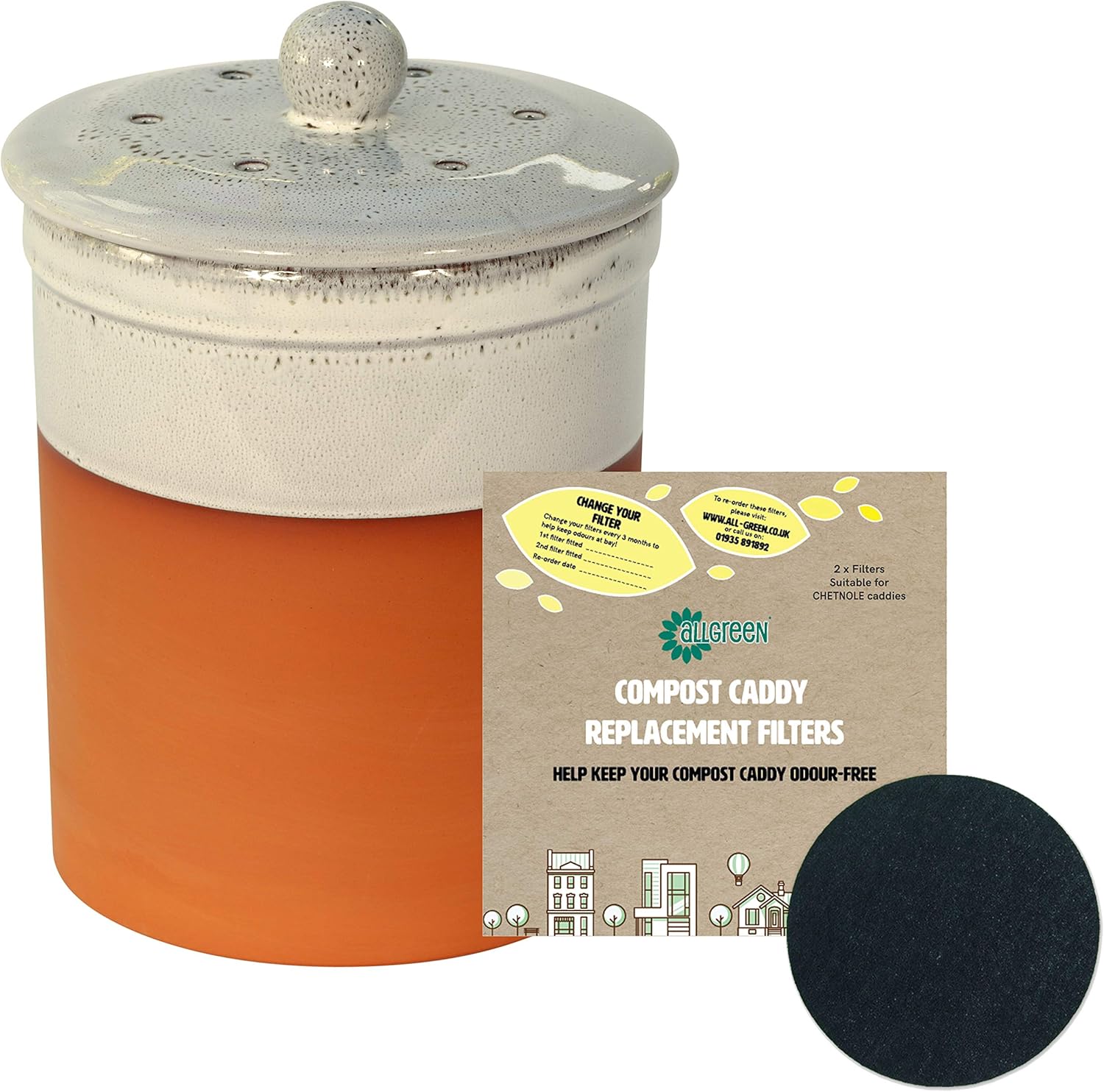 Terracotta Ceramic Kitchen Compost Caddy (Oyster White) & 1 pack of 2 filters Chetnole ceramic