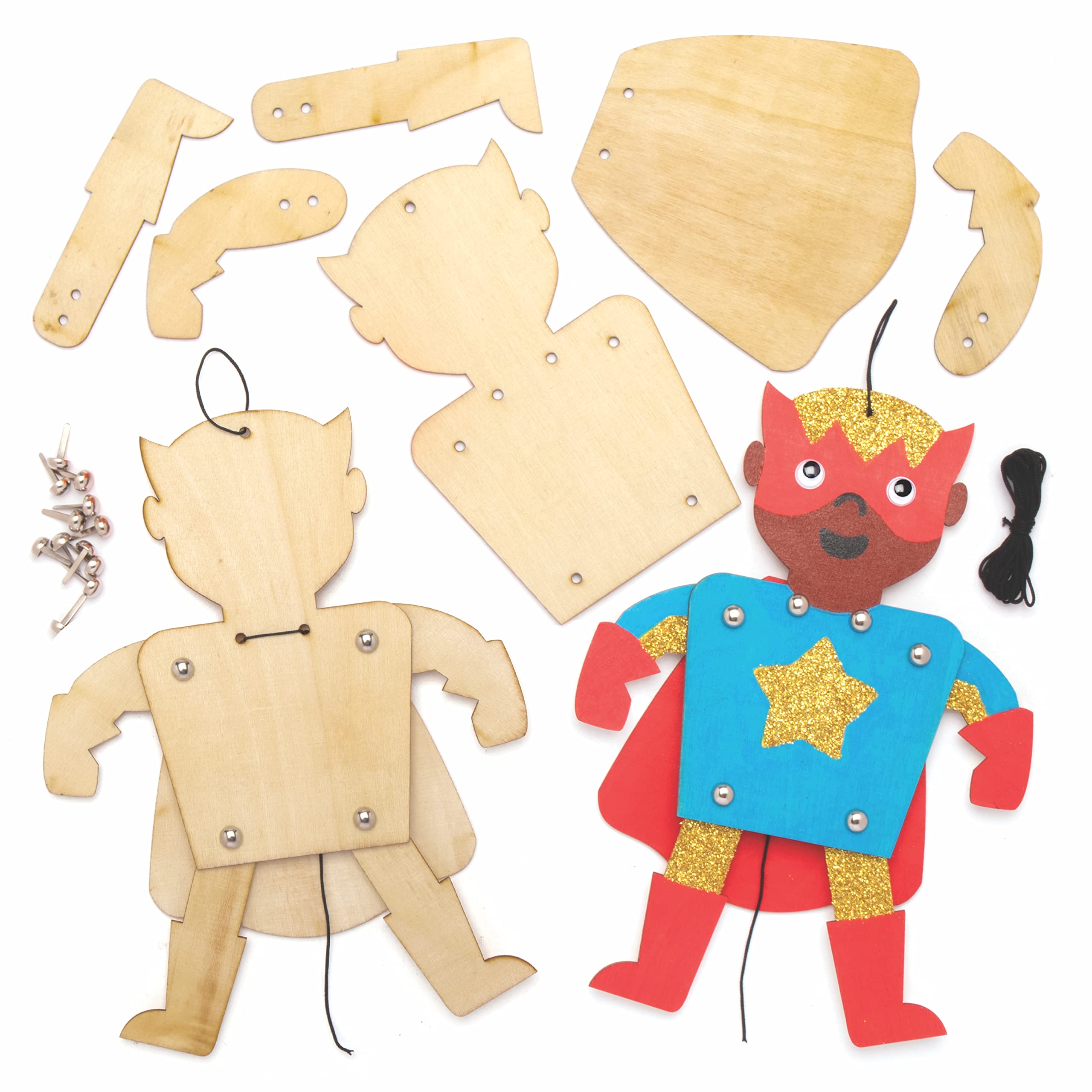 Baker Ross AT898 Heroes Puppet Kits - Pack of 4, Hero Wooden Craft Kits for Kids Painting, Making and Decorating Arts and Crafts Activities