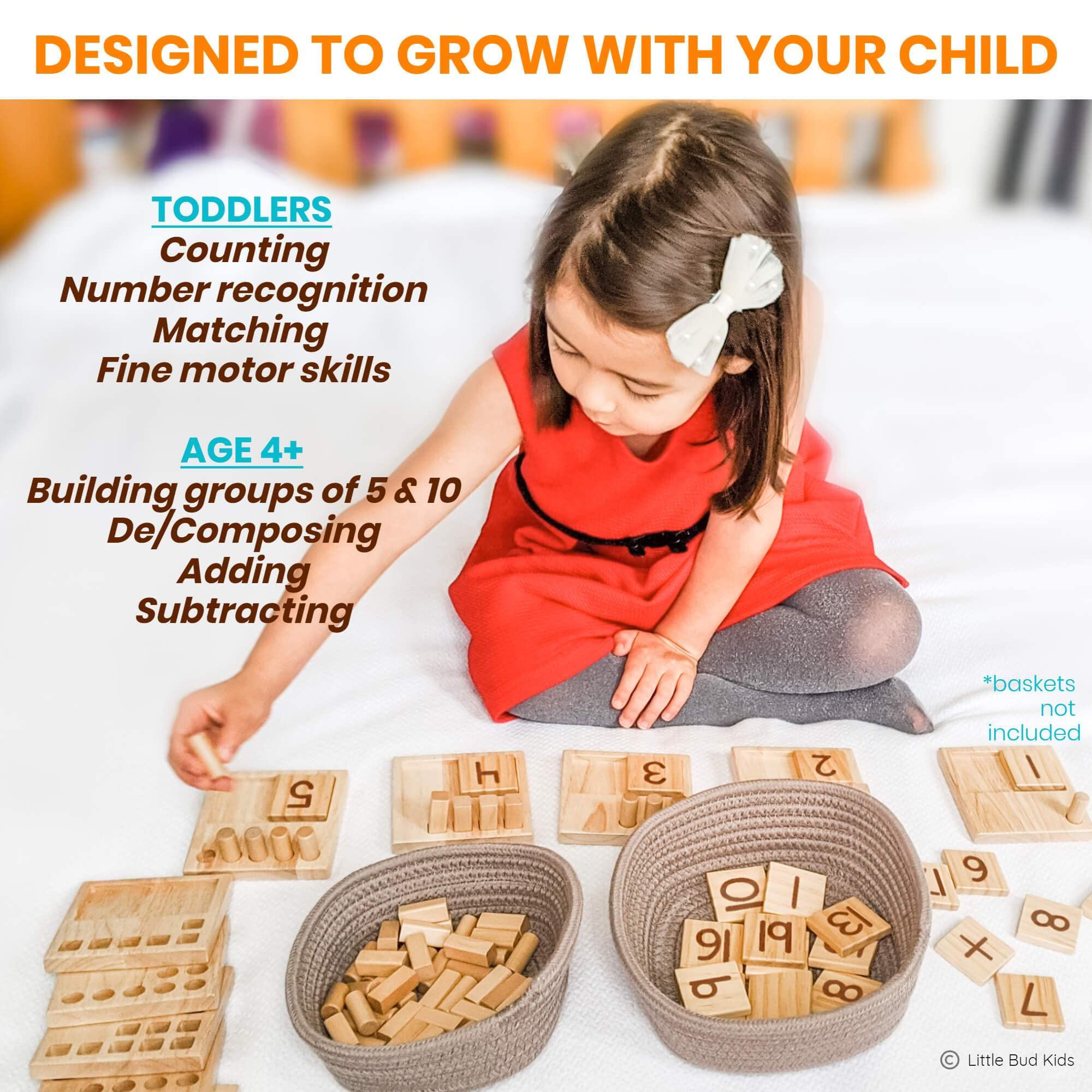 LITTLE BUD KIDS Counting Pegs - A Ten Frame Math Game with Addition and Subtraction Flash Cards, A Wooden Montessori Math Toy & Math Manipulatives Number Peg Boards for Kids 3 4 5 6 7