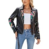 Bellivera Women Faux Leather Jacket Studded Rivet Floral Moto Biker Coat