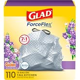 Glad ForceFlex Tall Kitchen Trash Bags, 13 Gal, Gain Lavender with Febreze, 110 Ct (Pack May Vary)