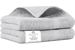 Villa Celestia 100% Cotton Hand Towel Set of 2, (16 x 28 inches) Sustainable, Soft, Highly Absorbent, Quick Drying, Combed Cotton Hand Towels Pack of 2 Ideal for Hotels, Spa, Bathroom, Dorm, Silver