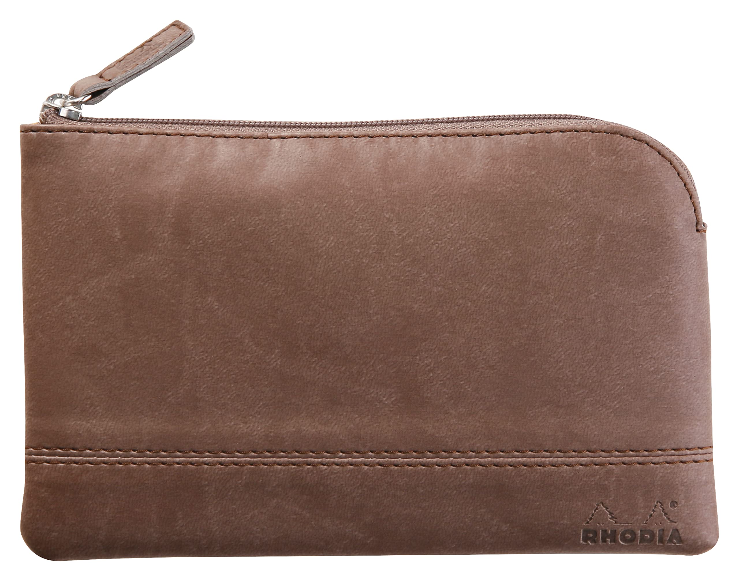 RHODIA 116524C - Faux Leather Zippered Pouch - Chocolate - Size S (11 x 17 cm) Genuine Stitching - Orange Fabric Inside - Storage for Documents, Small Supplies — image 1
