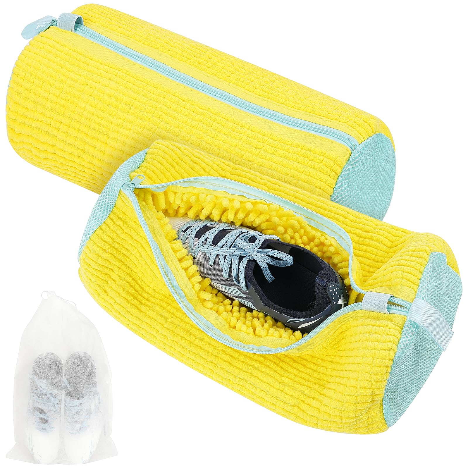 Flintronic Shoes Laundry Bag for Washing Machine, 2 PCS Shoe Washing Bag, Chenille Shoe Cleaning Bag, Washing Bag with Zipper Hook, for Sneakers Canvas Tennis Running Shoes, Horizontal Style, Yellow