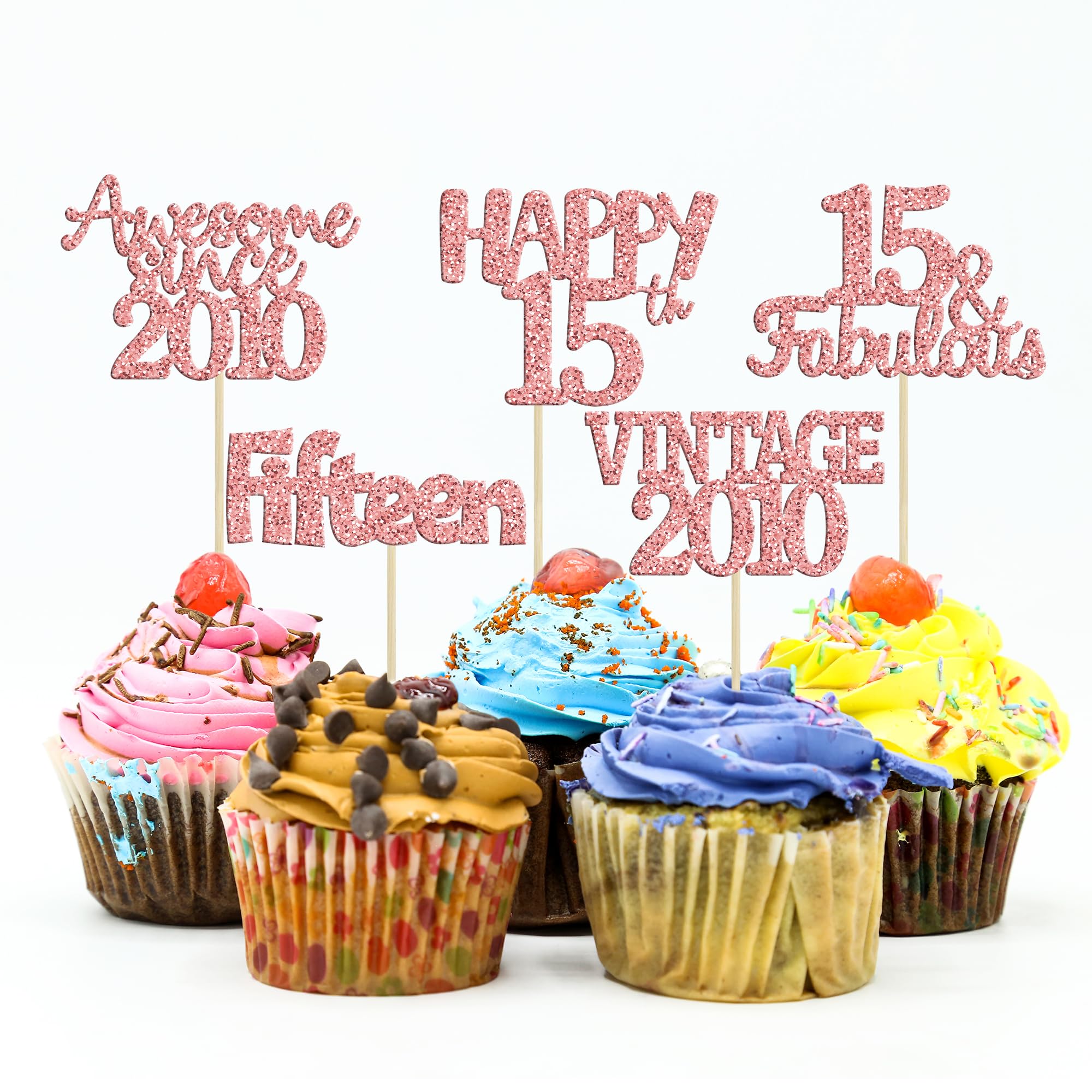 Gyufise 30Pcs Rose Gold Vintage 2010 Cupcake Toppers Glitter Happy 15th Cheers to 15 Fabulous Sweet 15 Cupcake Picks 15th Birthday Wedding Anniversary Party Cake Decorations Supplies