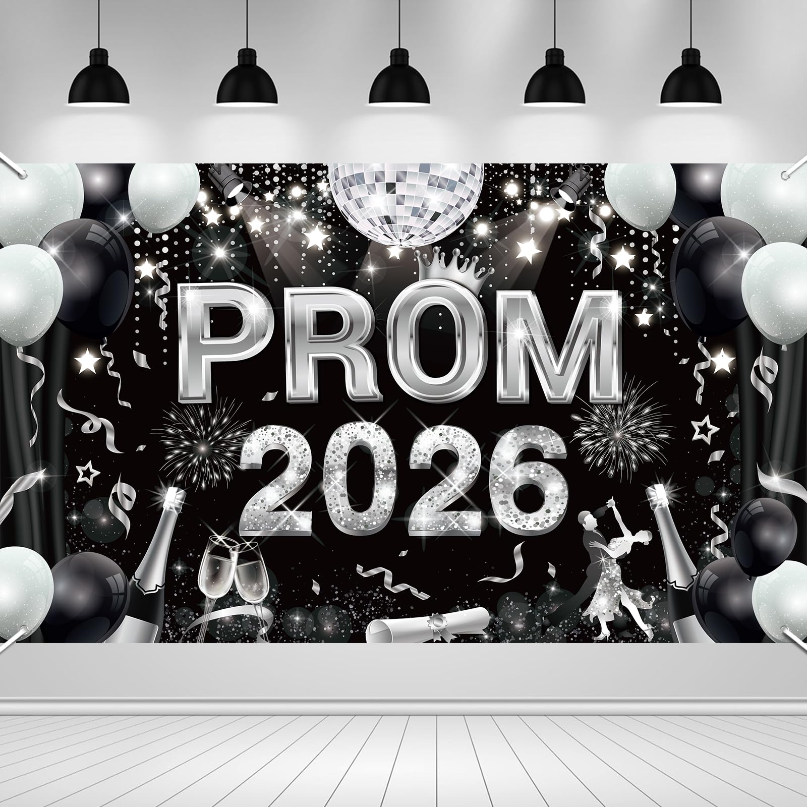 HOWAF Prom 2026 Banner Large, Black Silver Prom Banner 2026 Fabric Graduation Banner graduation Backdrop Photo Booth Props Photo Backdrop for prom Decorations 2026 Graduation Decorations 2026