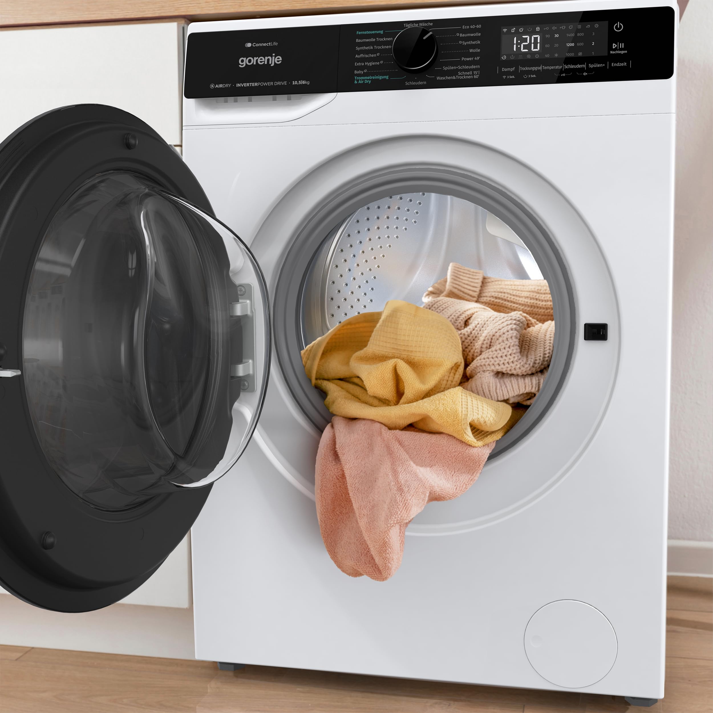 Gorenje WD2PA1X64ADW, DE Waschtrockner, Connect Life, 16 Programme, 10,5 KG, 54 Liter, 1400 U, min, Total AquaStop, AirDry, Inverter PowerDrive Motor, AllergySteam, Wash&Dry 60', A-20% 7