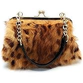 Fosrion Elegant Leopard Print Rex Rabbit Fur Handbag with Interchangeable Straps for Women, Versatile Clutch and Shoulder Bag