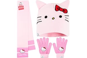 Hello Kitty Sanrio 2pcs Beanie, Gloves or 3pcs Hat, Gloves, Scarf Knit Set for Girls, 8-10 Years, Kawaii Gifts for Girls