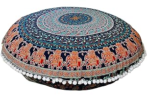 THIRD EYE EXPORT Boho Room Decor Aesthetic: Vintage Indie Blue 32 Inches Indian Mandala Round Pillows Meditation Cushion Cover, Perfect for Cottagecore, Dorm Room & Funky Apartment Hippie Room Decor(Blue 2)