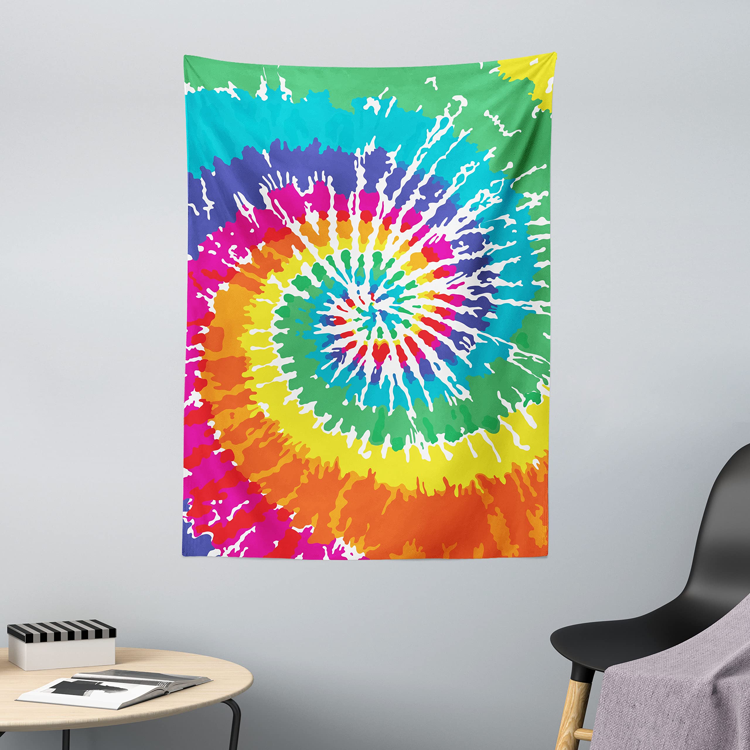 ABAKUHAUS Rainbow Tapestry, Digital Spiral Vortex Vibrant Rainbow Colored Sixties Ikat Psychedelic Pattern, Fabric Wall Hanging Decor for Bedroom Living Room Dorm, 43 W X 58 L, Magenta Aqua