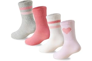 Wamvp Girls Socks Kids Pink Crew Athletic Socks with Hearts Striped 4 Pairs for Children 4-12 Years