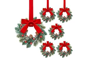 Knitgrip 6 Pcs Mini Christmas Wreaths for Cabinet Kitchen Windows Decors Bulk with Red Bow Small Artificial Norfolk Farmhouse Wreaths with Berry Pine Cone for Fireplace Front Door Porch Wall Hanging