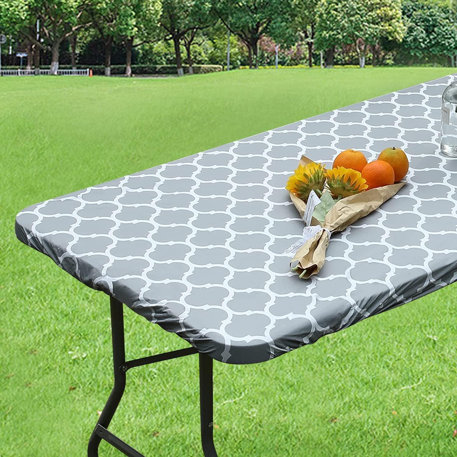 Dremisland Waterproof Rectangular Tablecloth Elastic Edged Fitted Vinyl Table Cover with Flannel Backing Wipeable Moroccan Oil-proof PVC Table Protector Cover for Dinner Picnic Party Fit 30x72in Table