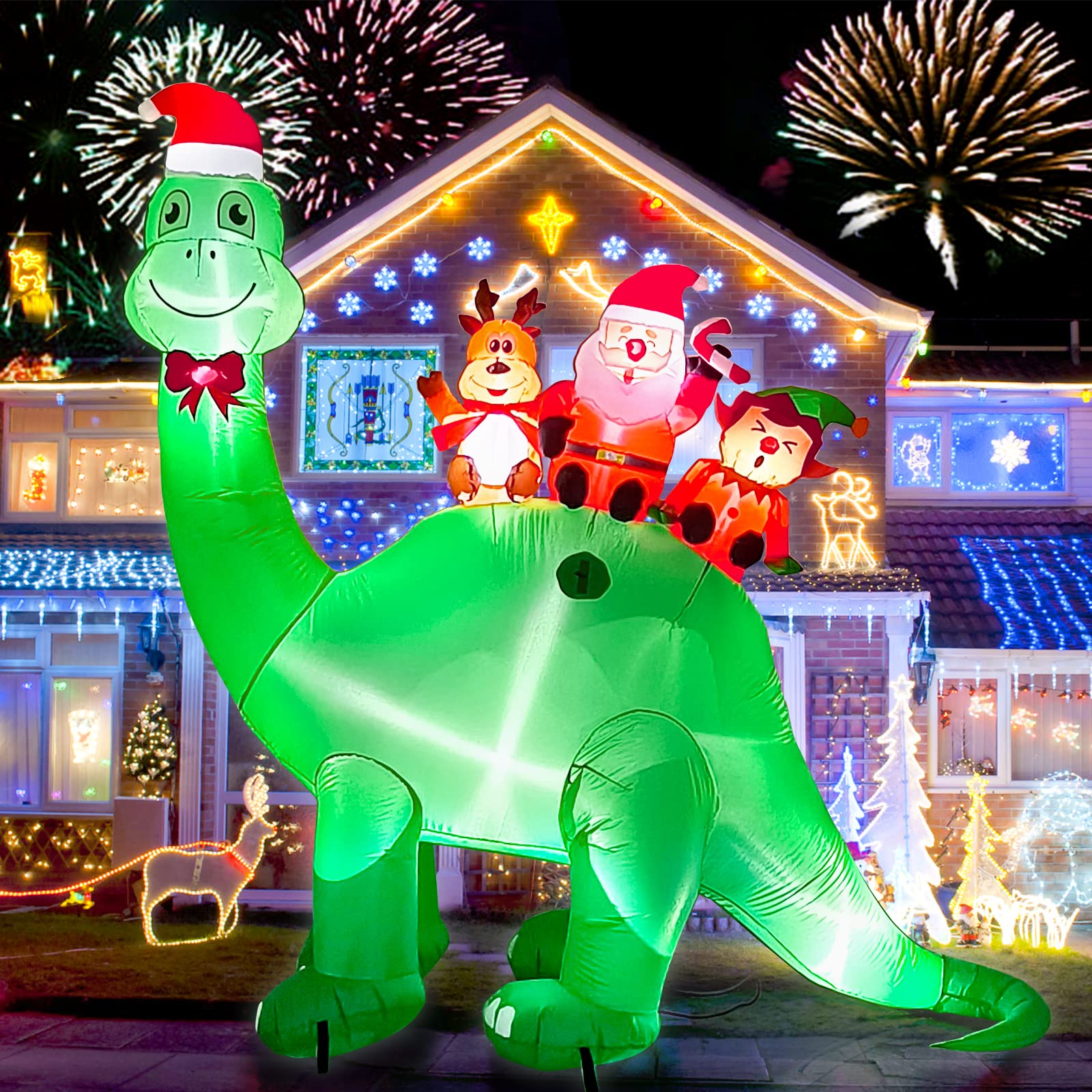 6.7 Feet Tall Christmas Inflatables, Kalolary Christmas Inflatables Dinosaur with Elf Reindeer Santa Claus Blow up Xmas Outdoor Indoor Decoration for Home Holiday Yard Lawn Garden Party Supplies