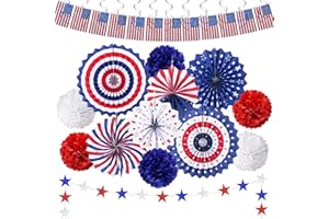 BAINFE 26PCS 4th of July Decorations Patriotic Decor USA Flag String Red White and Blue Paper Fans Star Streamer Pom Poms Hanging Swirls for Memorial Day Veterans Day Independence Day