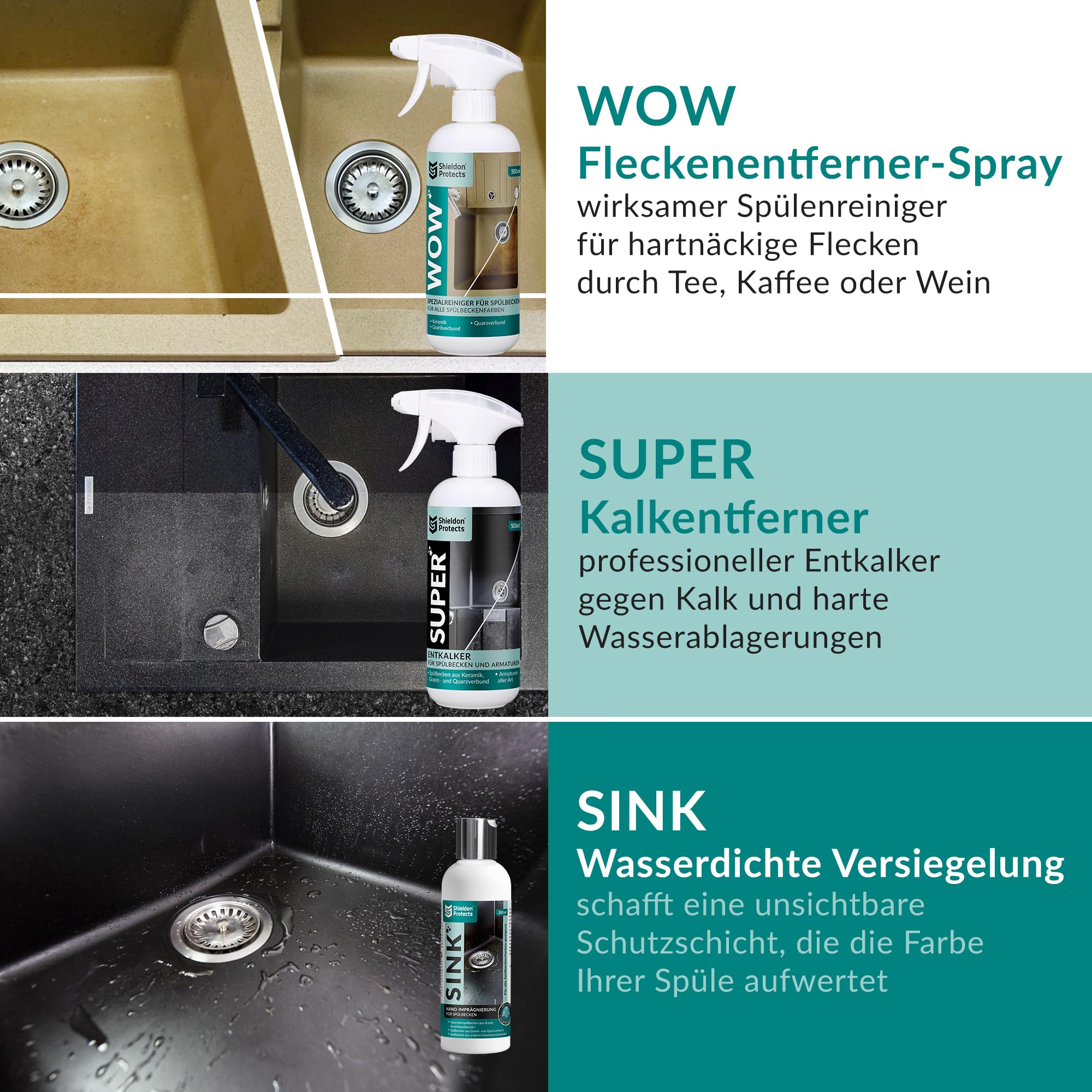 Shieldon Protects Sink Restorer Spüle Imprägnierung und Reinigung Set - Drei Reiniger für Küche Spüle + 2x Schwamm und Mikrofasertuch - Granit, Blanco, Silgranit Reiniger für Granitspüle 5