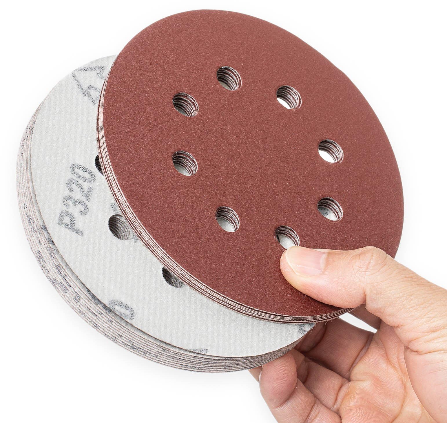 YoiYee 320 Grit Sanding Discs Pads, 8 Holes, 125mm/5-inch Hook and Loop Quick Change Sandpaper Sheet for Random Orbital Sander, 20 Pack