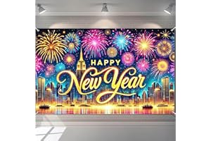 BlissYard 2026 Happy New Year Banner 71 x 43 Inch Fireworks Skyline Holiday Party Decor New Year Eve Photo Background for Celebration Event Wall Hanging Decoration Indoor Outdoor Use