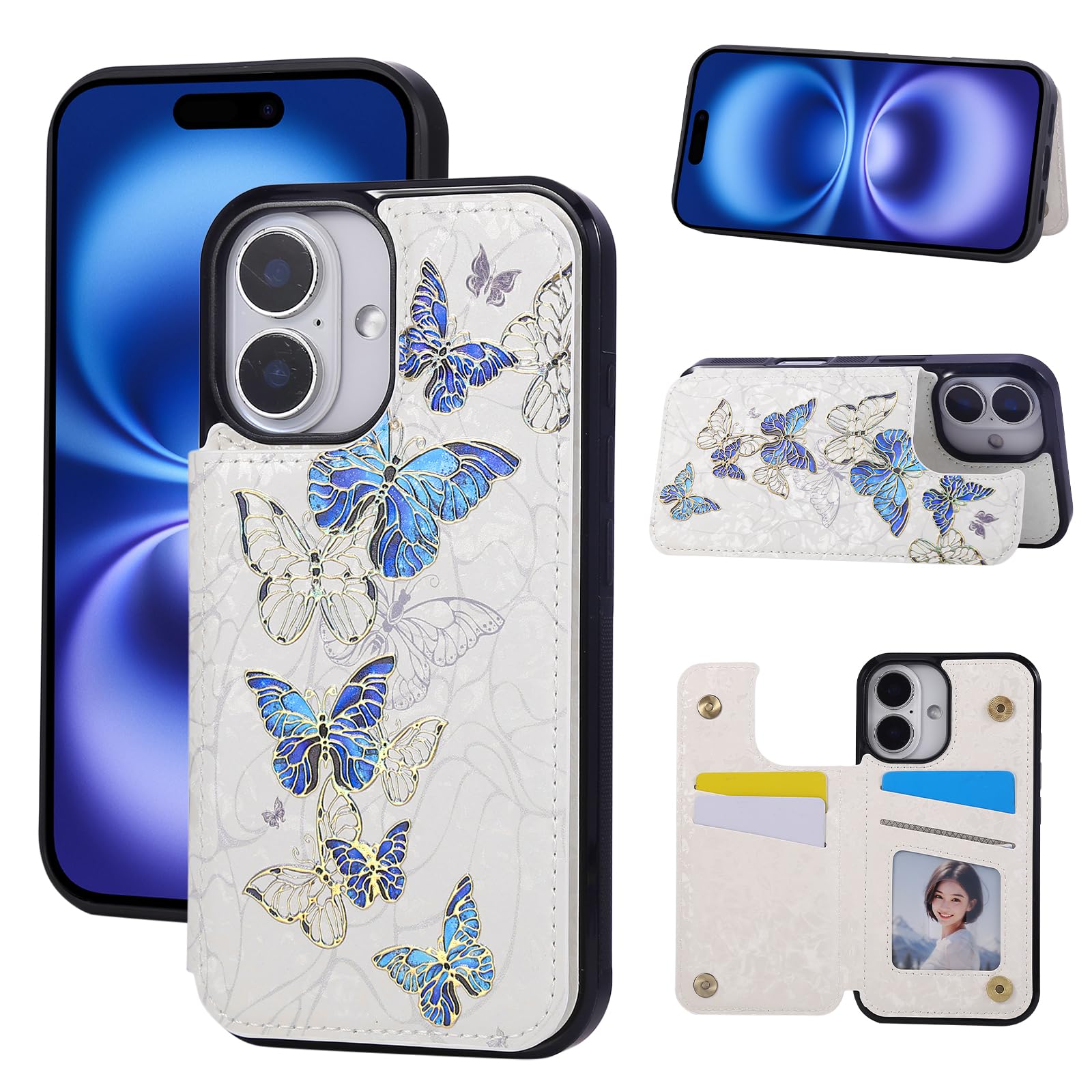 Photo 1 of UEEBAI Wallet Case for iPhone 16 Plus with Card Holders, PU Leather Cover Kickstand RFID Blocking Double Magnetic Clasp Rilievo Flower Shockproof Flip Case for Women Girls - Blue Butterfly