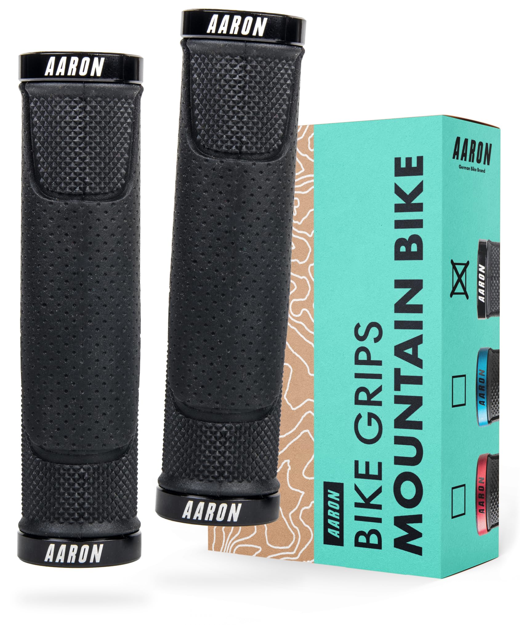 AARON MTB Non-Slip Rubber Bicycle Grips, Sporty Lock-On Handlebar Grips with Trendy Design, Gel Grips with Handlebar End Caps, Mountain Bikes, Trekking Bikes, E-bikes, Fixie Bikes, Black