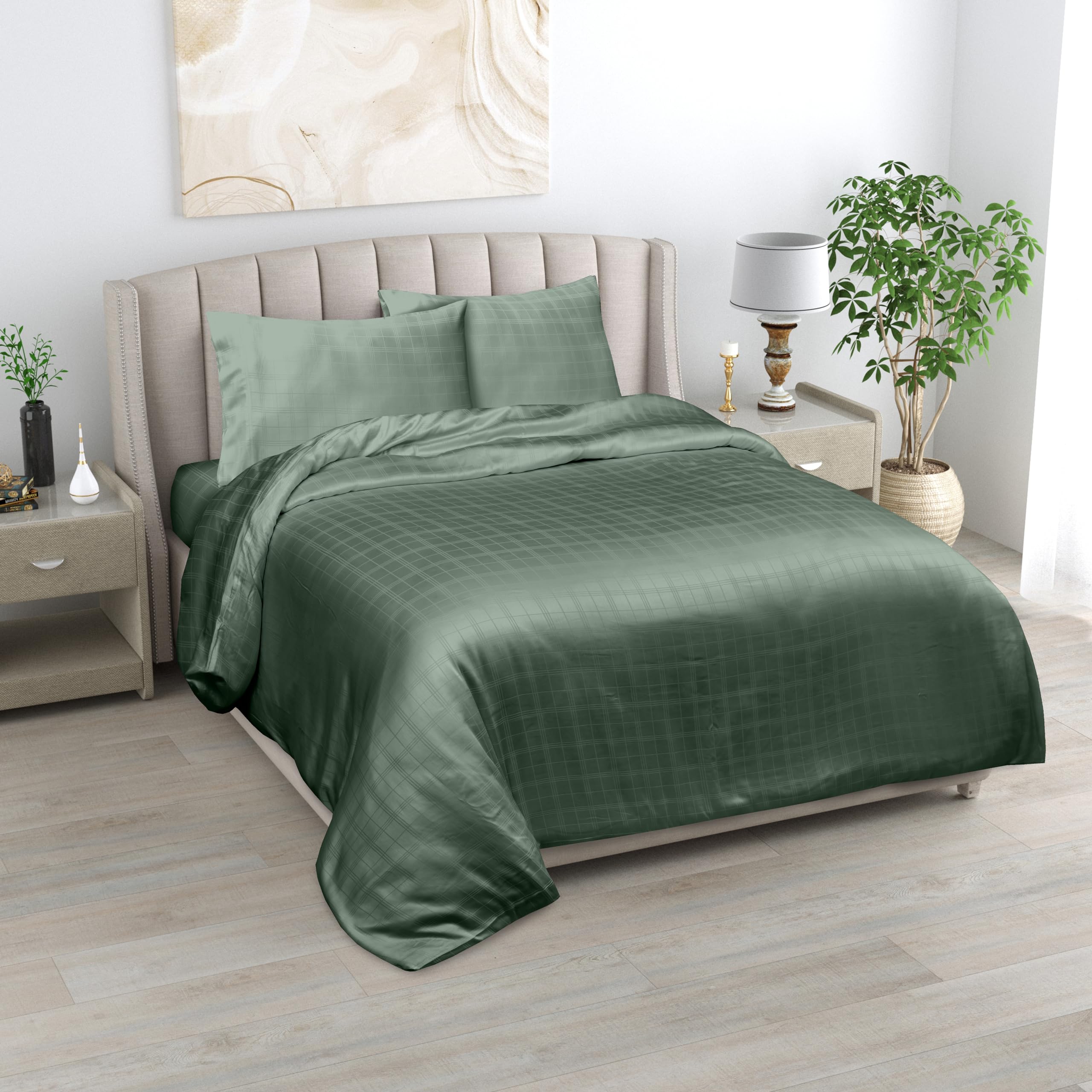 LINENWALAS Super King Fitted Sheet Only, 100% Organic Bamboo Fitted Sheet, Deep Pocket 16 Inch Soft, Silk, Cooling Designer Checks Bamboo Bedding Fitted Sheet (Avocado Green, Super King) — image 1