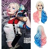 ENTRANCED STYLES Pink and Blue Cosplay Wig - Long Curly Synthetic Fiber for Women, Wavy Suicide Squad Style for Halloween Party