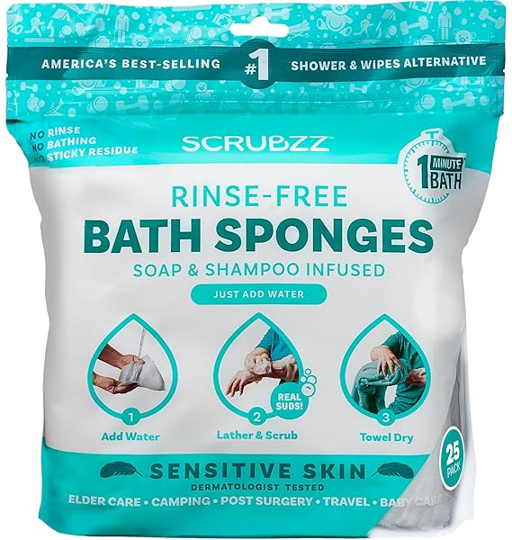 SCRUBZZ DISPOSABLE NO RINSE BATHING WIPES FOR SENSTIVE SKIN – 25 PACK – ALL-IN-1 SINGLE USE SHOWER WIPES, SIMPLY DAMPEN, LATHER, AND DRY WITHOUT SHAMPOO OR RINSING (SENSITIVE SKIN, 1-PACK)