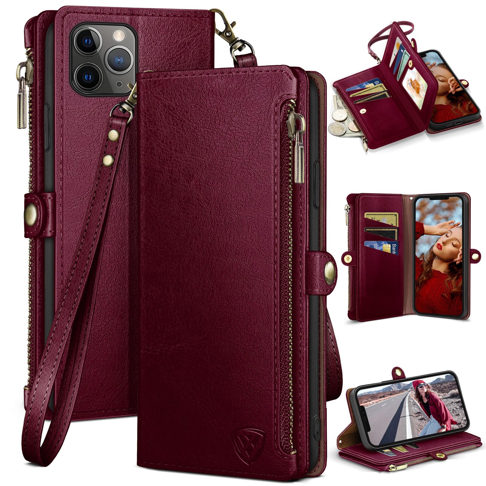 Photo 1 of ***(HEAVILY USED/ MINOR DAMAGE)***XcaseBar for iPhone 11 Pro Max 6.5" Wallet case with Zipper Credit Card Holder?RFID Blocking?, Flip Folio Book PU Leather Phone case Shockproof Cover Women Men for Apple 11 ProMax case Wine Red