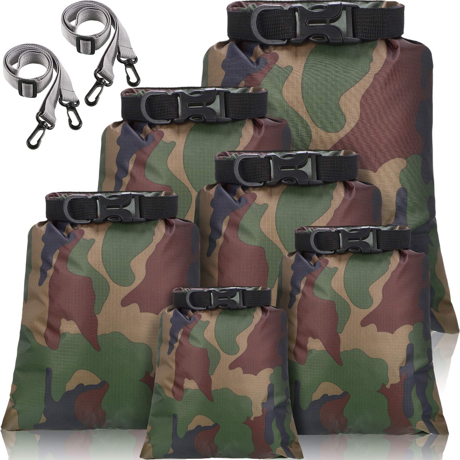 Shappy 6 Pcs 6/12 Pcs Waterproof Dry Bags, Lightweight Outdoor Waterproof Dry Stuff Sacks 15/8/5/4/3/2 L and Long Adjustable Shoulder Strap for Kayaking Rafting Boating Hiking Camping (Camo)