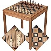 Sterling Games Wooden Chess Table | Chess, Checkers and Backgammon 3 in 1 Combo Game Table Furniture Set, 25" x 25", 4" King,