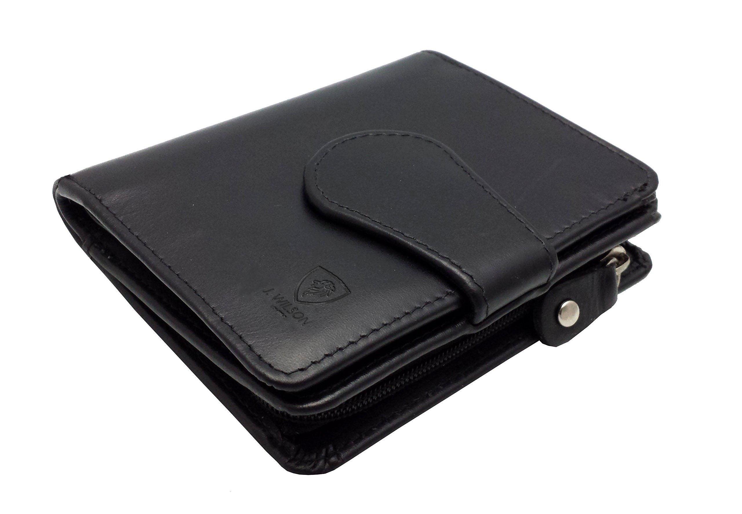 J. Wilson London RFID Blocking Ladies Designer Quality Distressed Oiled Hunter Leather Card Coin Holder Purse Wallet (Black)