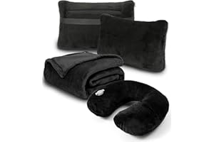 VOTOWN HOME Travel Blanket and Pillow Set - Inflatable Travel Neck Pillow with Washable Soft Cover, Premium Soft Airplane Blanket with Built-in Bag, Zippered Pouch, and Hand Luggage Belt, 70" x 40" (Black)