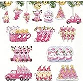 Pink Christmas Decorations Gnome Reindeer Truck Wooden Hanging Ornaments 24PCS Vintage Snowman Crafts with Ropes for Xmas Tree, Winter, Home, Party