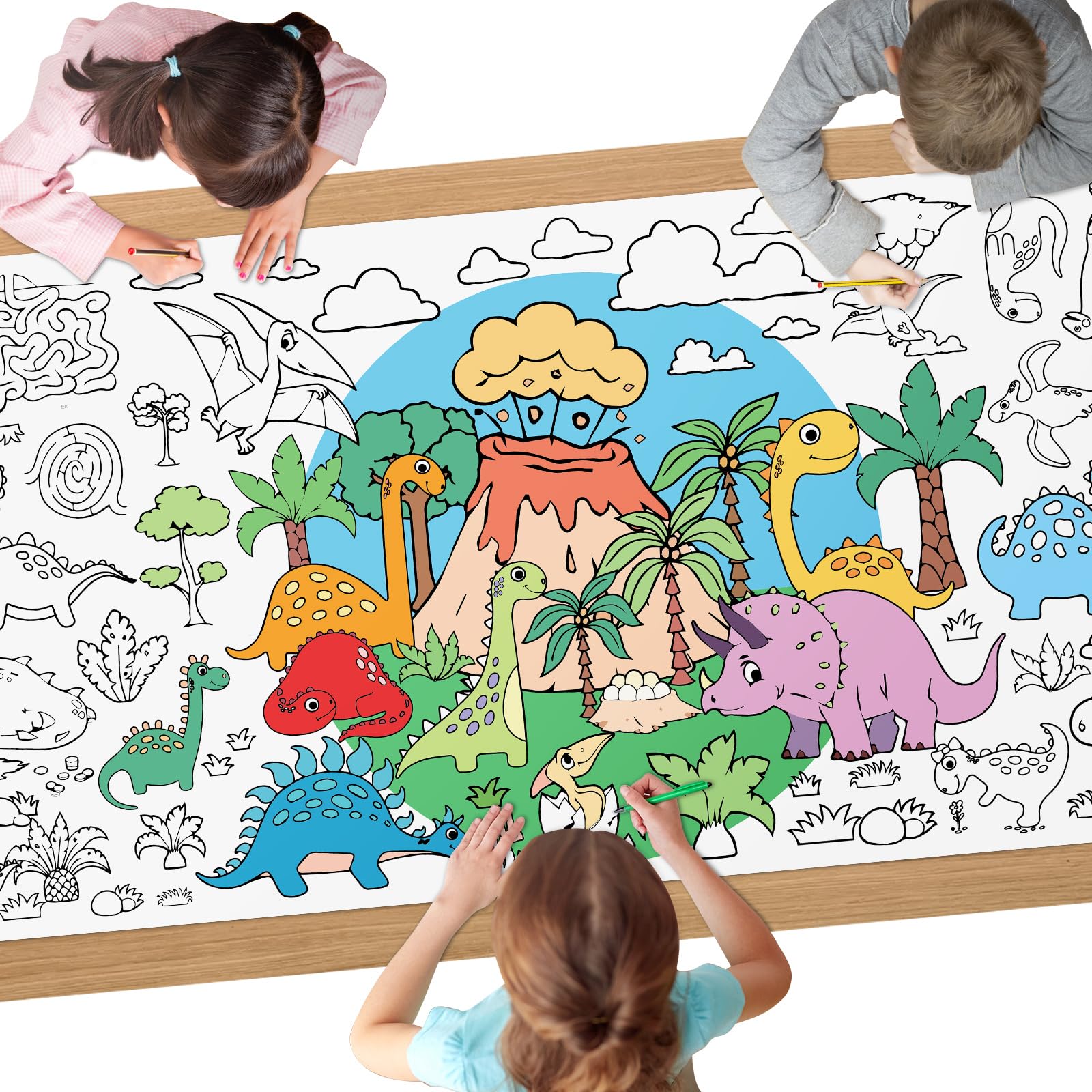 AYESY Dinosaur Colouring Tablecloth for Kids, 72 x 30 inch Giant Colouring Poster Table Cloth, DIY Party Tablecloth for Kids, Craft Doodle Art Boys Girls Birthday Gift