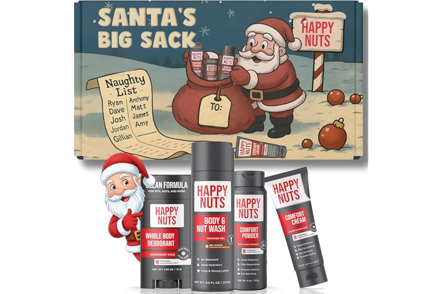 Happy Nuts Santa’s Big Sack – Funny Holiday Gift Box for Men – 4-in-1 Men’s Care: Comfort Cream, Hydrating Body Wash, Whole Body Deodorant Stick, Anti-Chafing Powder – Hilarious Gift Basket for Him