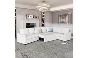 UBGO Living Room Furniture Set,129.5" Sectional Sleeper Sofa with Pull, L-Shape Couch Bed with USB Charging Port for Office, Apartment,Bedroom, Beige, 1