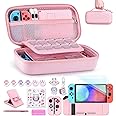 innoAura Switch Case 19-in-1 Bundle with Carrying Case, Game Organizer, Screen Protector, Stand and Thumb Grips (Pink)
